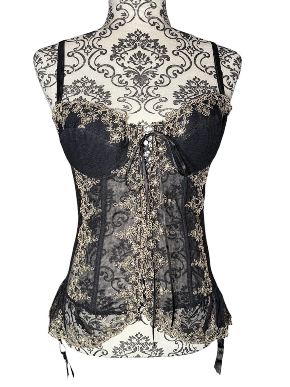 La Vie En Rose Sheer Black Laced Bustier Corset w Gold Embroidery & 4 Garters